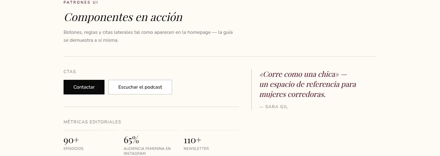Screenshot of Sara Gil’s brand guide showing live CTAs and a pull quote.