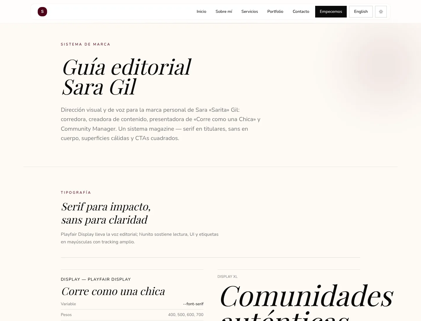 Screenshot of the hero section of Sara Gil’s digital brand guide, showing the Editorial Guide title and site navigation.