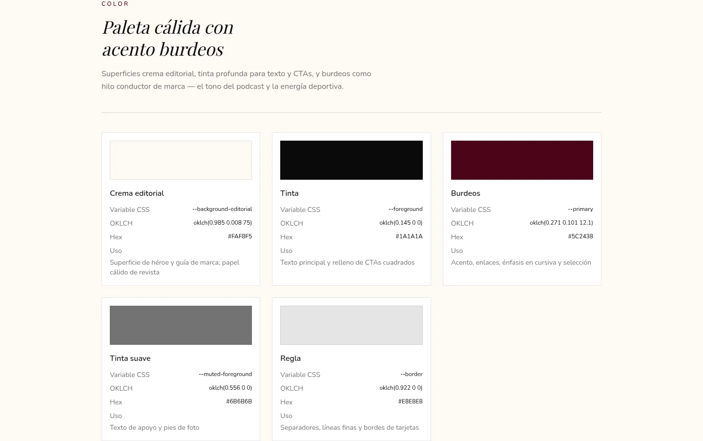 Screenshot of the living brand guide color palette, with color cards, CSS variables, and hex values.