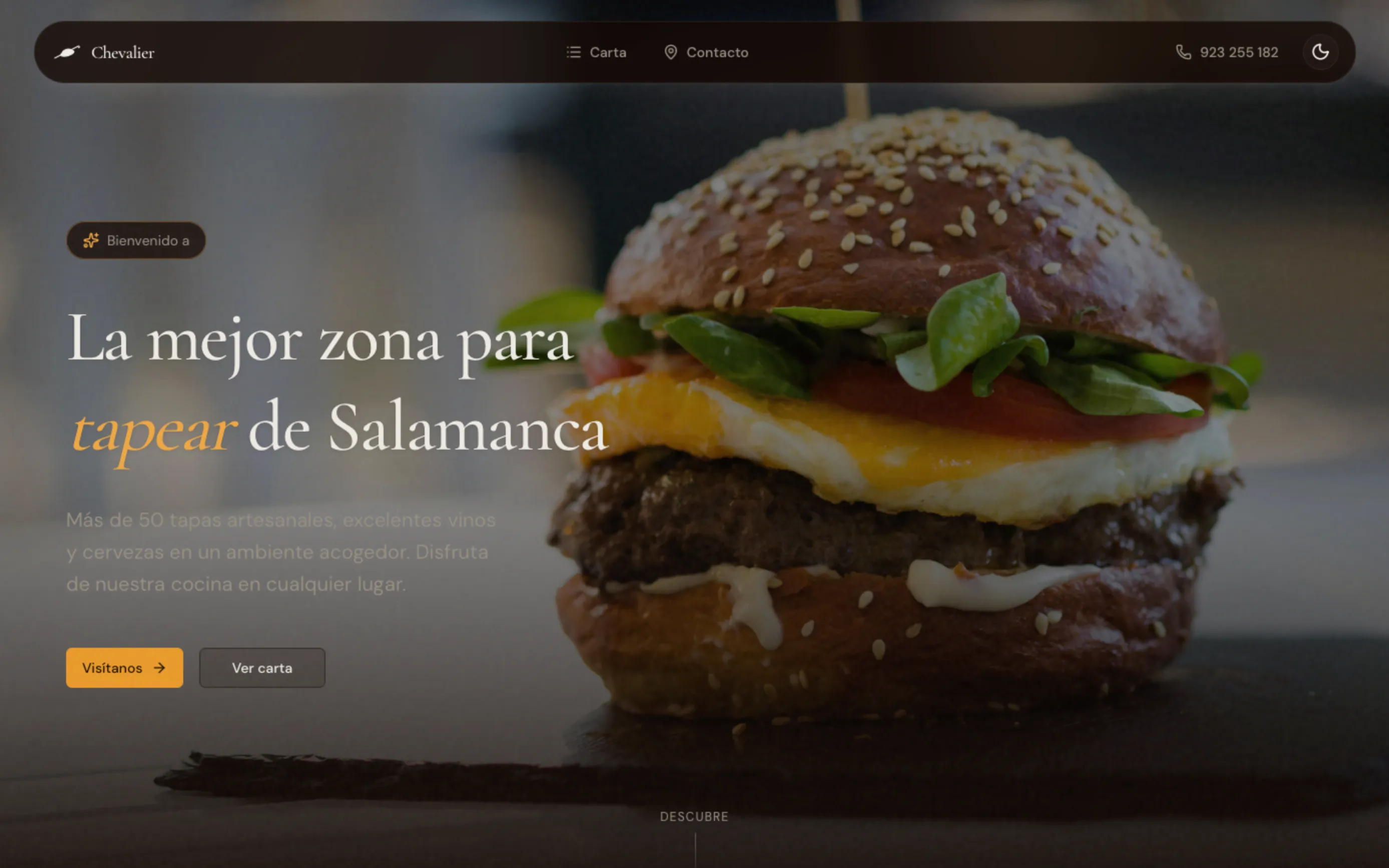 Web de Cafetería Chevalier mostrando carta digital de tapas artesanales en Salamanca