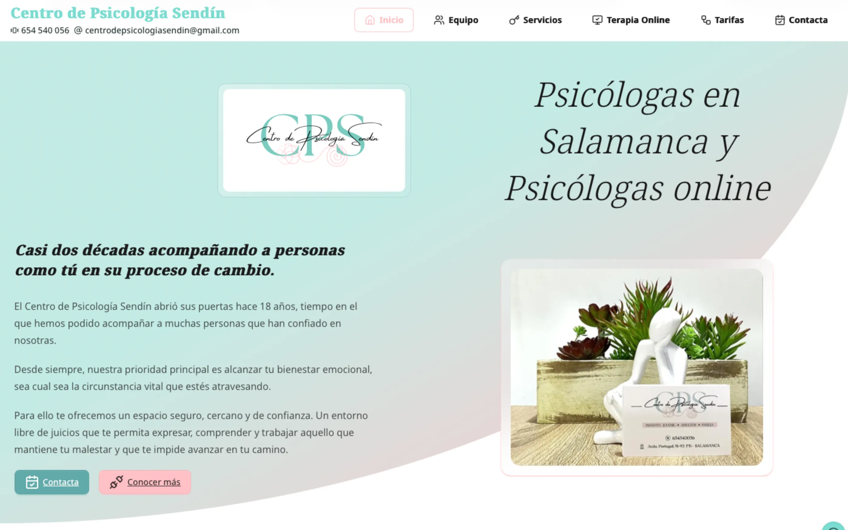 Portada del Centro de Psicología Sendín con información de servicios y equipo profesional