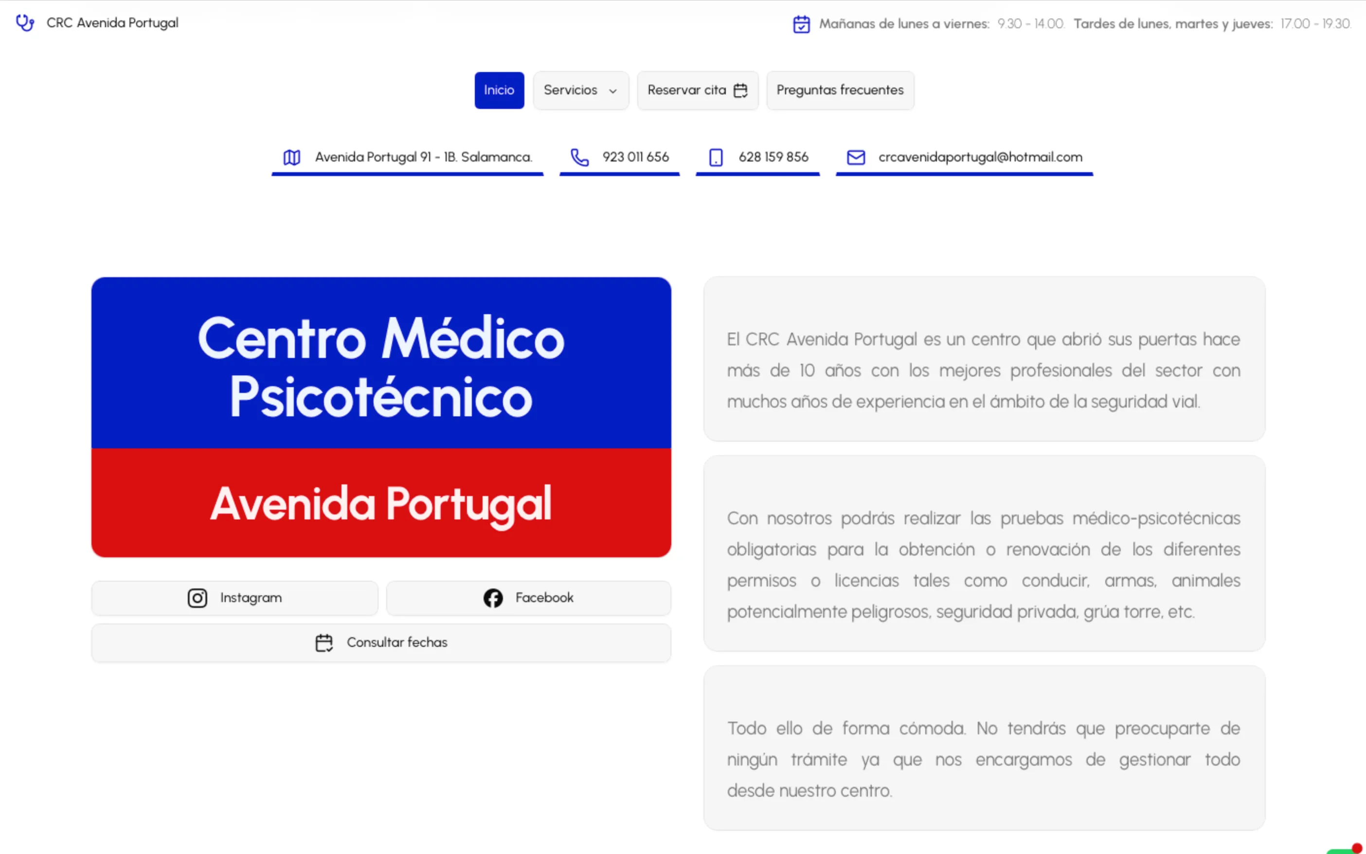 CRC Avenida Portugal website with online appointment booking