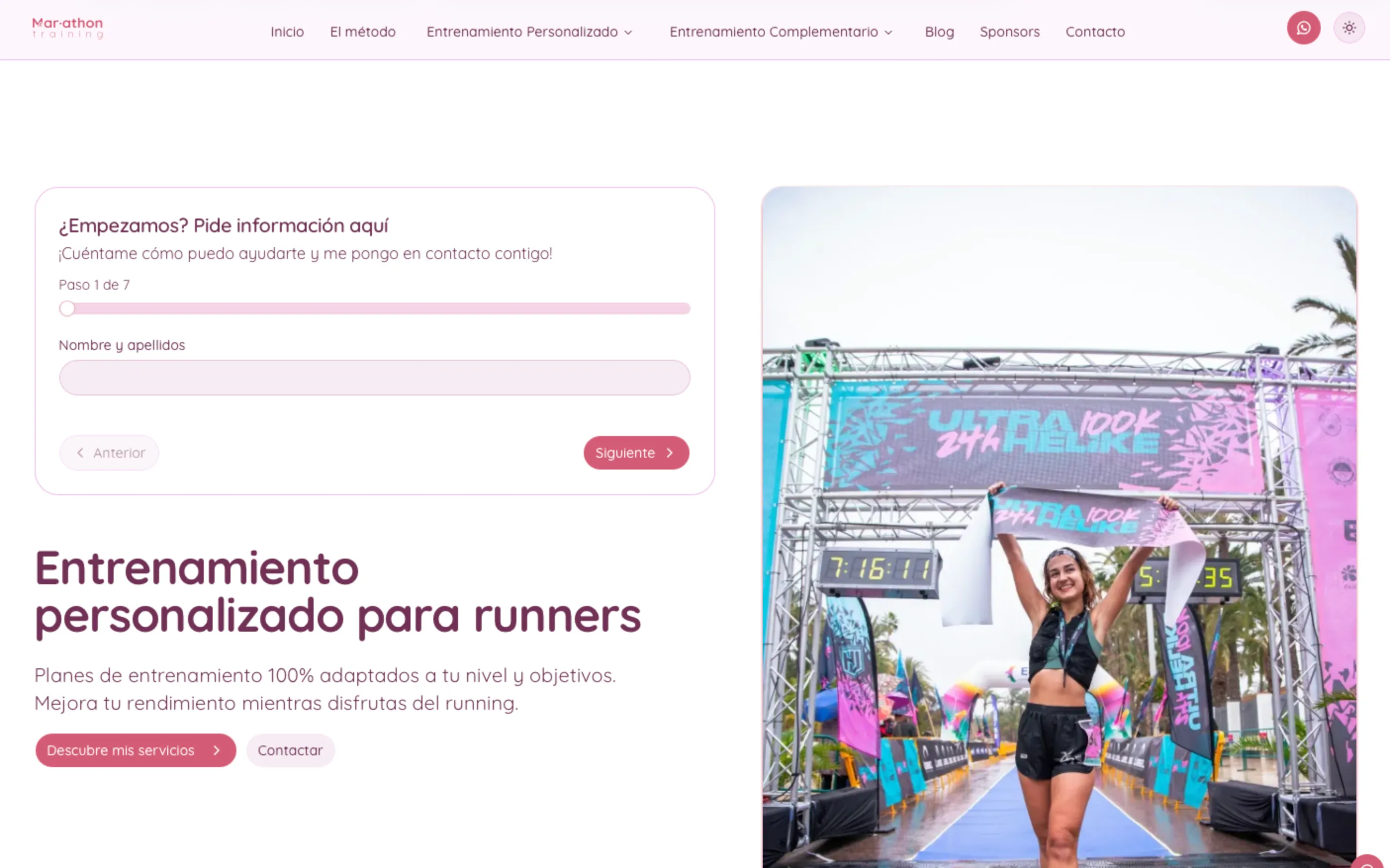 Web de Mar Marathon Training con planes de entrenamiento y testimonios